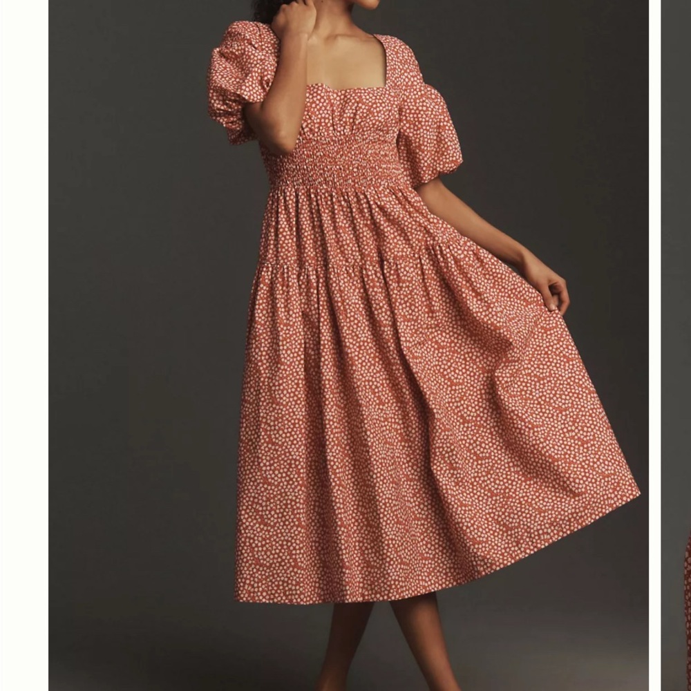 Anthropologie Puff-Sleeve Smocked Poplin Midi Dress